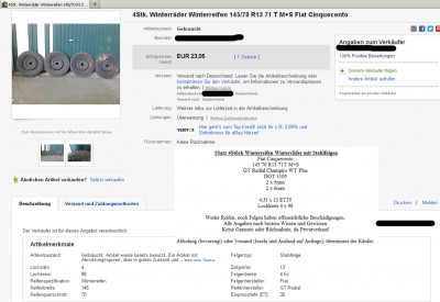 Das Profil sieht ja fast noch in Ordnung aus, aber die Reifen sind 9 (!) Jahre alt: „DOT 3105“ steht für die 31. Kalenderwoche 2005. Screenshot von eBay.