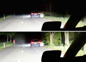 So intelligent kann ein Fernlicht sein: Es taucht den Fußgänger am Fahrbahnrand in helles Licht, ohne den Fahrer des vorausfahrenden Autos zu blenden. Foto: Hella.